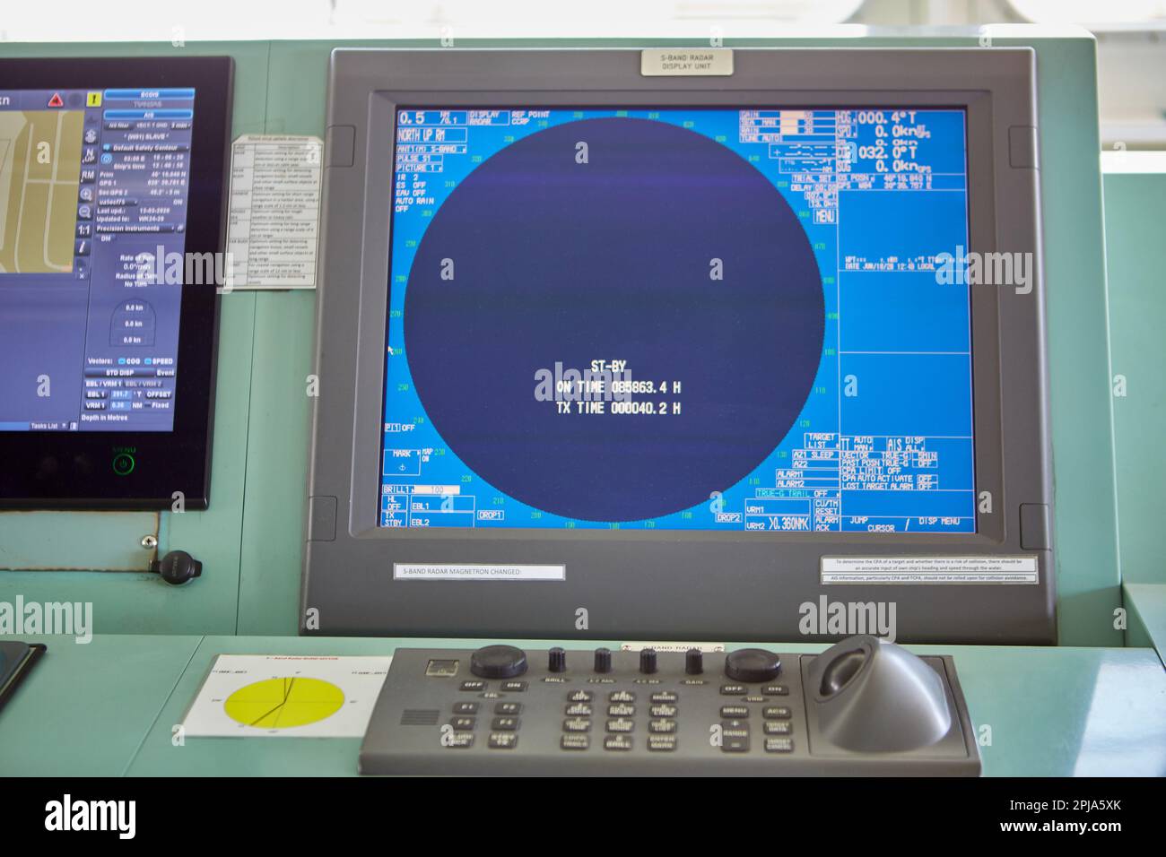 Captain's bridge on the ship. Navigation equipment. Ship control systems. Stock Photo