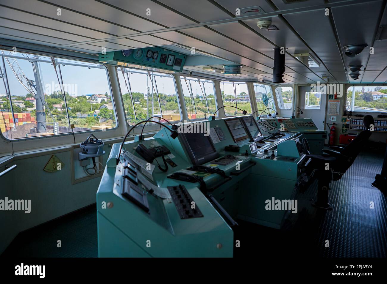 Captain's bridge on the ship. Navigation equipment. Ship control systems. Stock Photo