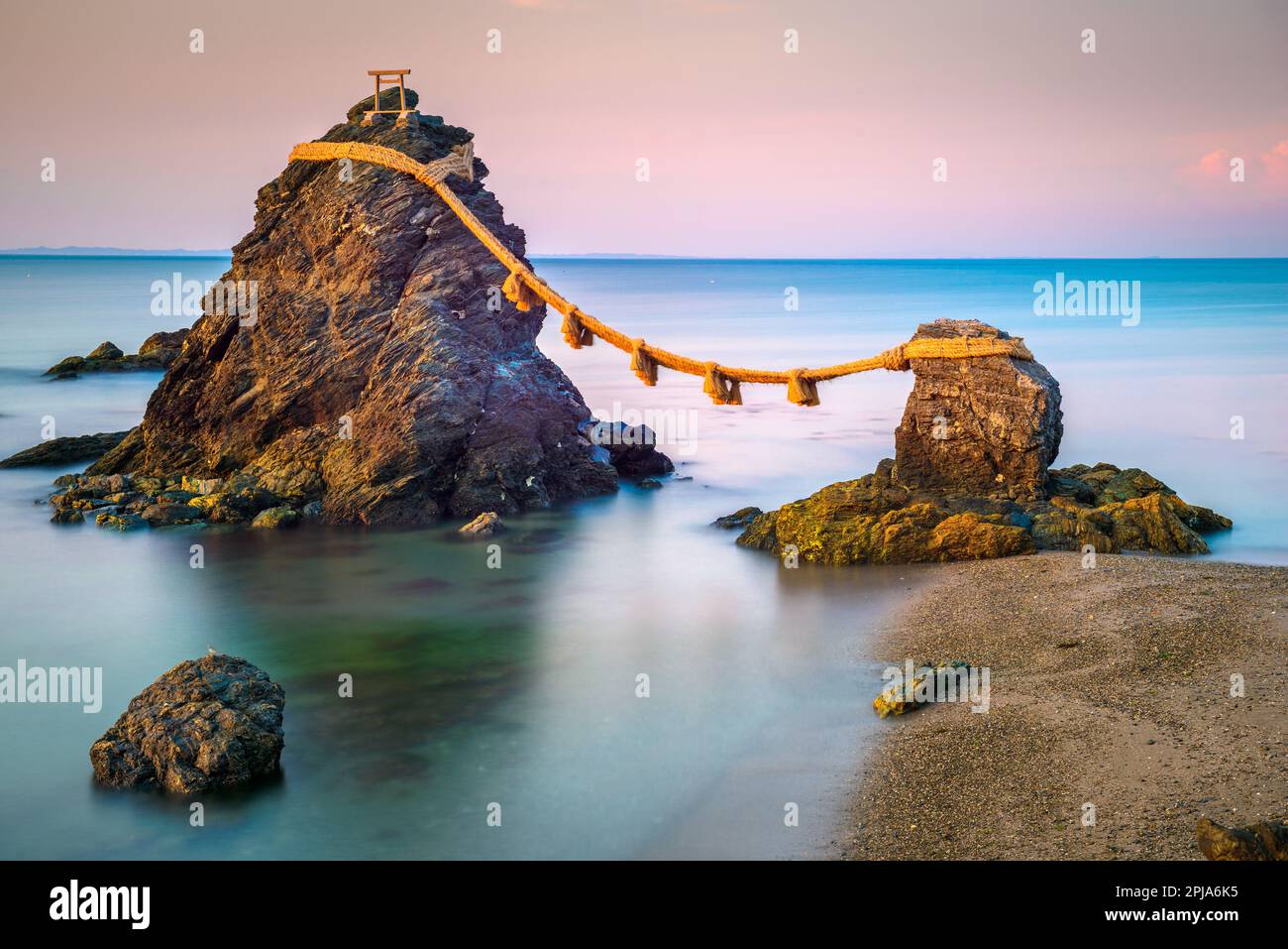 Meoto Iwa Rock of Ise, Japan at dusk. Stock Photo