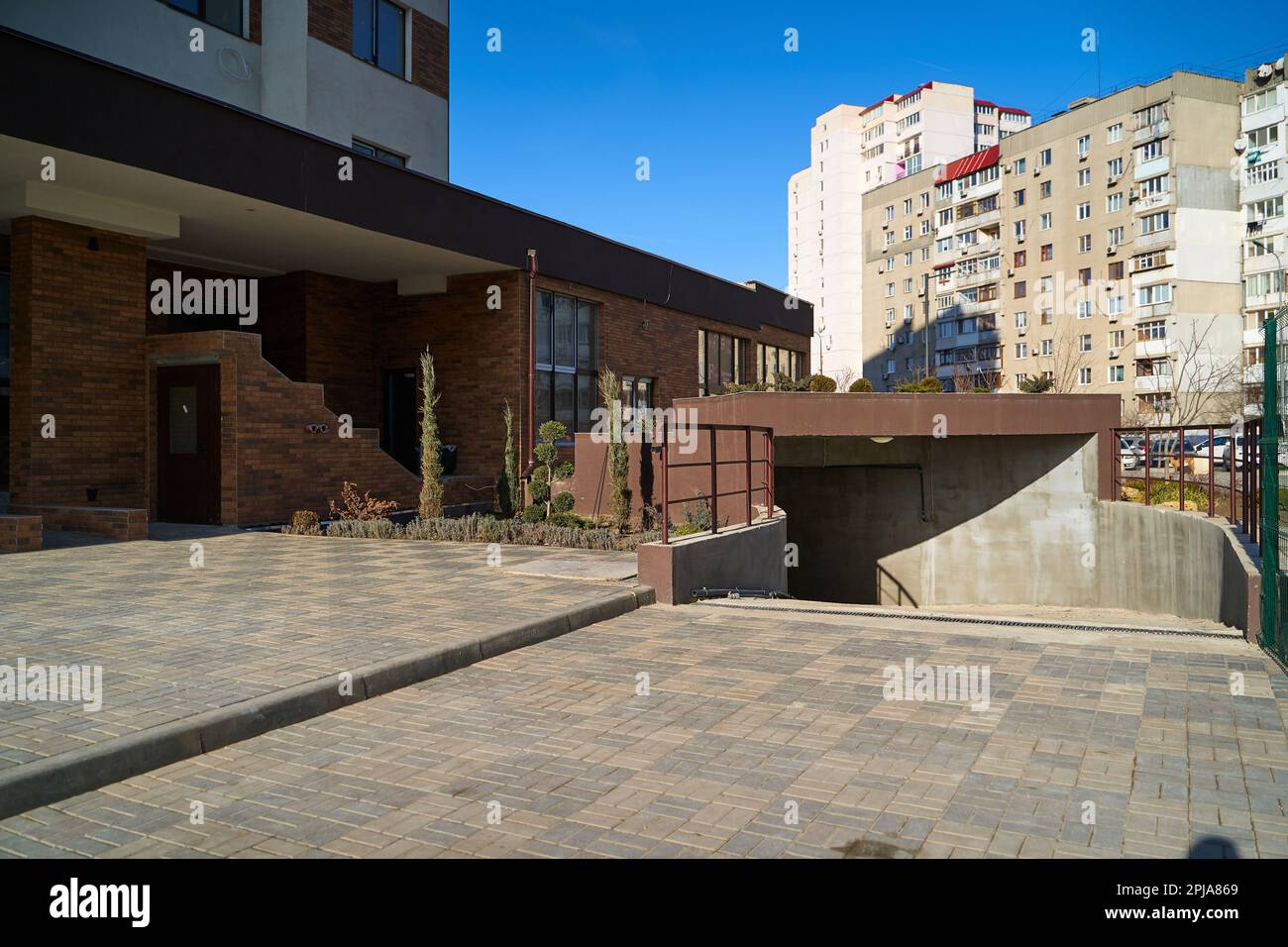 The entrance to the underground parking of the apartment building. Stock Photo