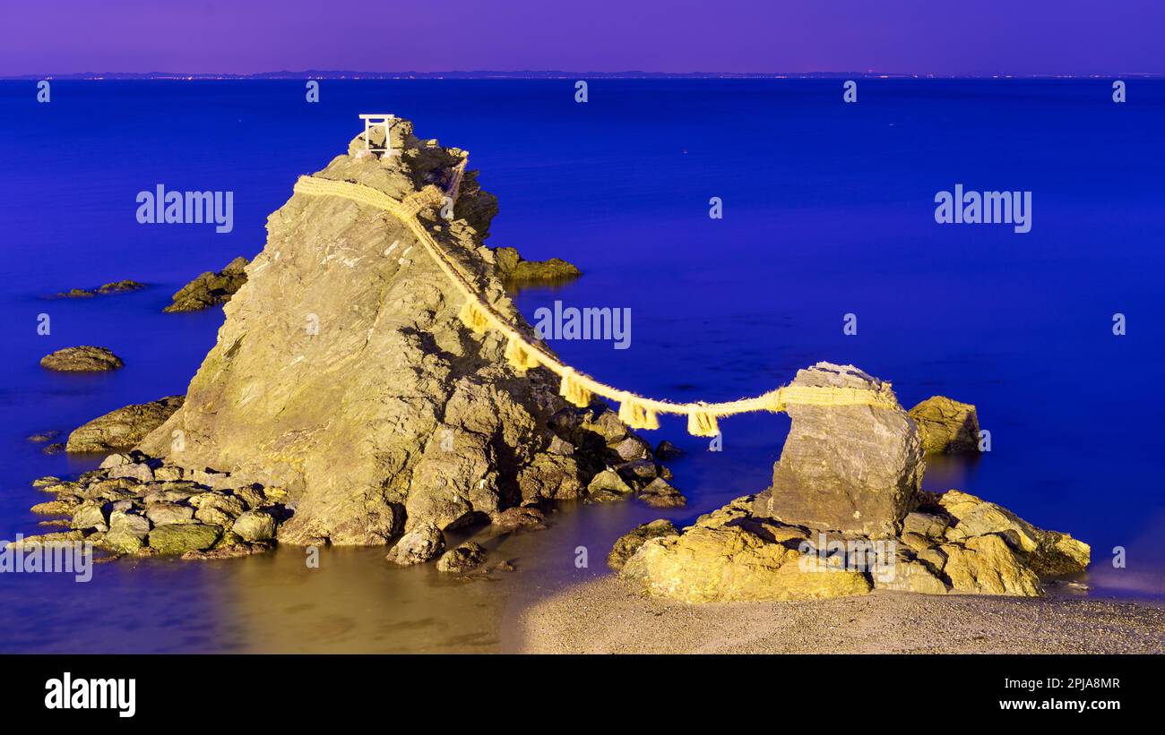 Meoto Iwa Rock of Ise, Japan at night. Stock Photo