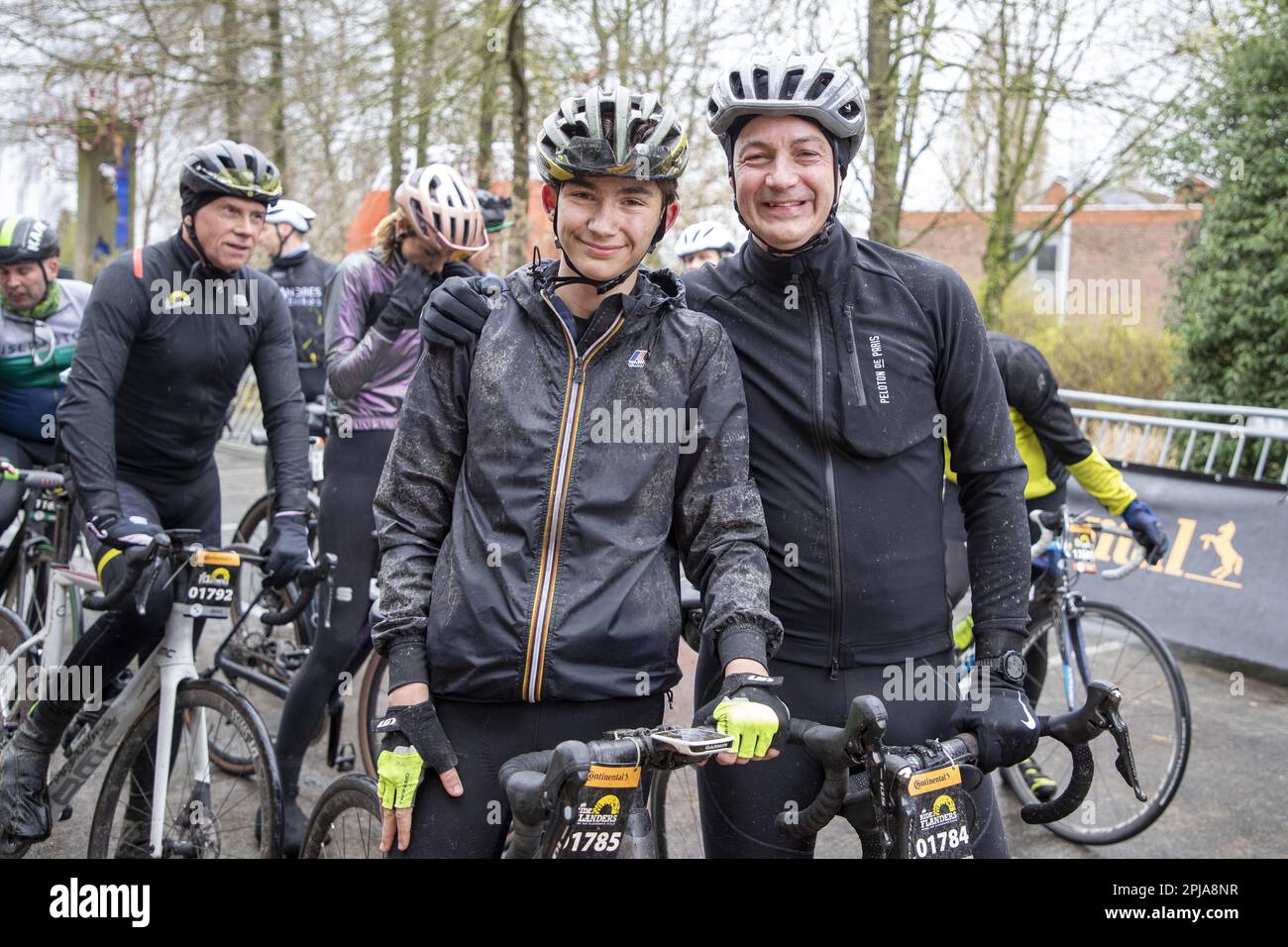 Oudenaarde, Belgium. 01st Apr, 2023. Prime Minister Alexander De Croo and his son Tobias participate in the We Ride Flanders cyclo event for cycling amateurs, along (parts of) the track ahead of the Ronde van Vlaanderen/ Tour des Flandres/ Tour of Flanders cycling race, Saturday 01 April 2023. The 107th edition of the cycling race will take place on Sunday 02 April. BELGA PHOTO NICOLAS MAETERLINCK Credit: Belga News Agency/Alamy Live News Stock Photo