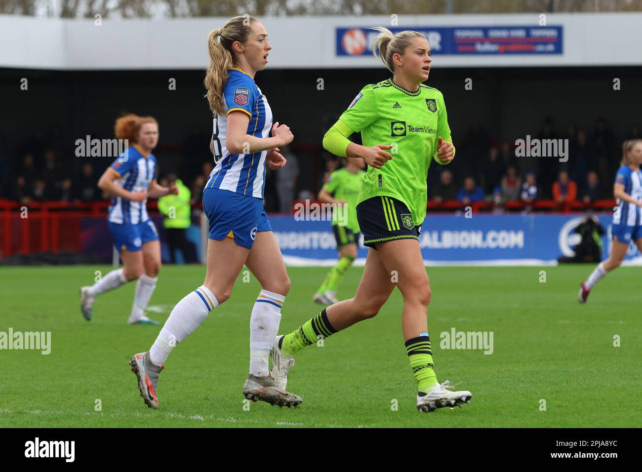 Crawley, UK. 01st Apr, 2023. Broadfield Stadium, Crawley, UK, April 01, 2023 Megan Connolly (8, Brighton & Hove Albion) duelling with Alessia Russo (23, Manchester United) during a WSL game on 01 April, 2023, between Brighton & Hove Albion and Manchester United at the Broadfield Stadium, Crawley, UK (Bettina Weissensteiner/SPP) Credit: SPP Sport Press Photo. /Alamy Live News Stock Photo
