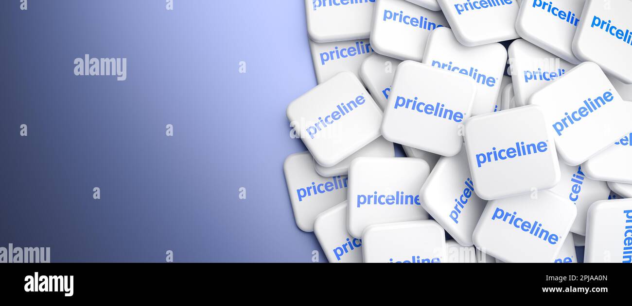 Logos of the online travel agency priceline on a heap on a table. Web banner format, copy space Stock Photo