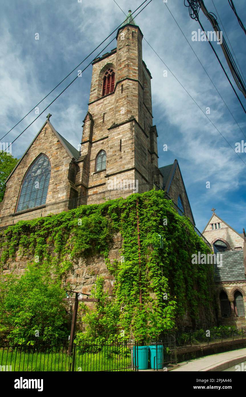 St. Mark's & St. John's Episcopal Church with the town of Jim Thorpe Pennsylvania in carbon county. Stock Photo