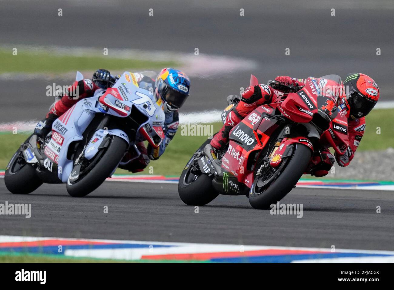 Francesco Bagnaia, from Italy, right, and Alex Marquez, from Spain, drive their Ducati during the MotoGP free practice in Termas de Rio Hondo, Argentina, Saturday, April 1, 2023