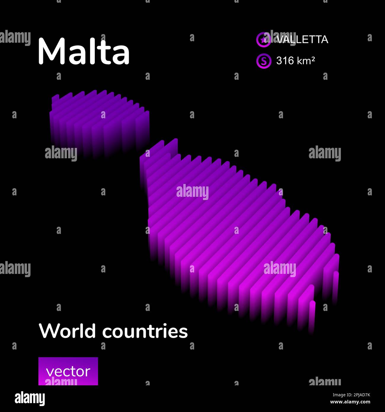 Malta 3D map. Stylized neon digital isometric striped vector Map in violet and pink colors on the black background Stock Vector