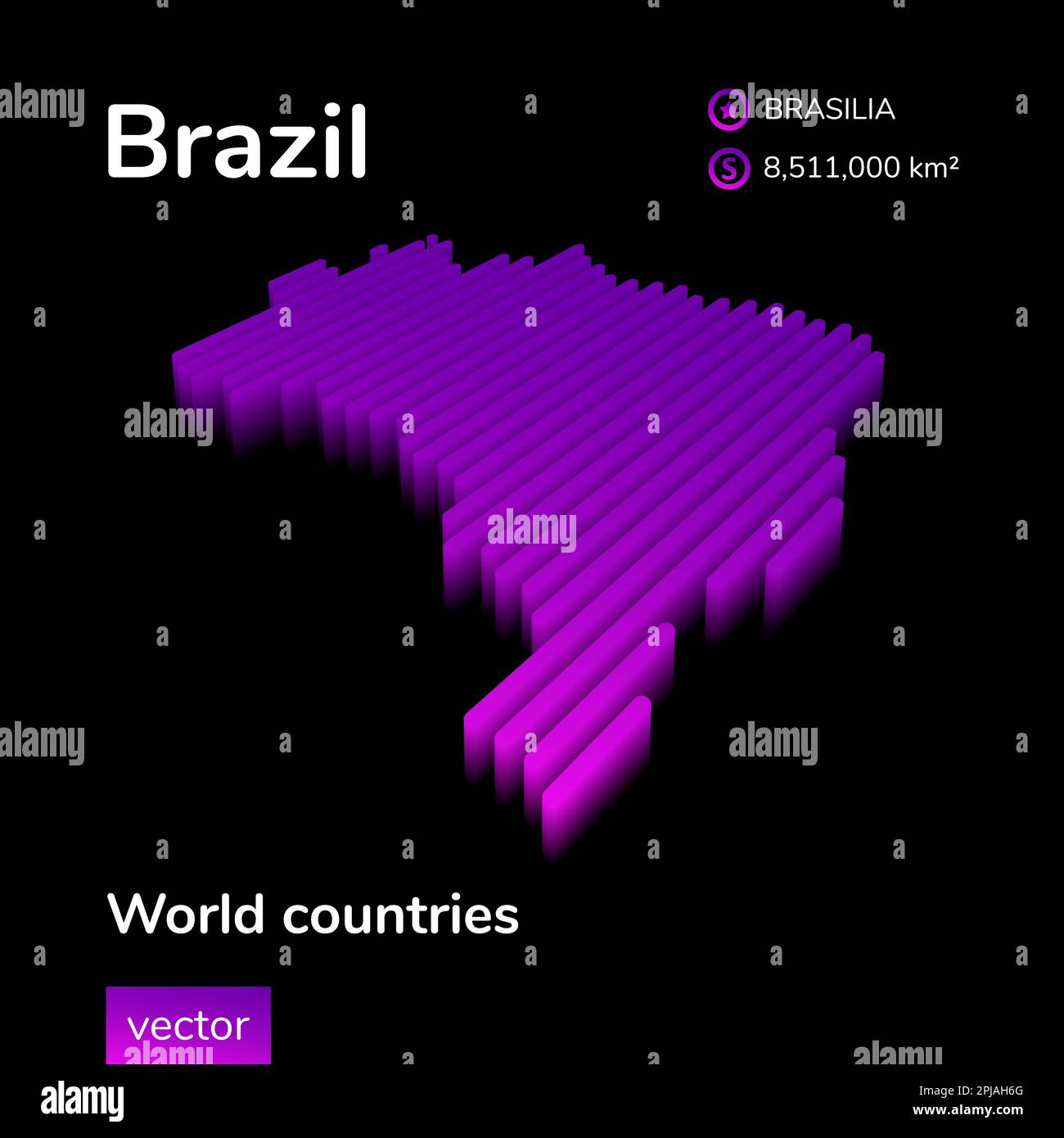 Brazil 3D map. Stylized neon isometric striped vector Map of Brazil is in violet colors on black background Stock Vector