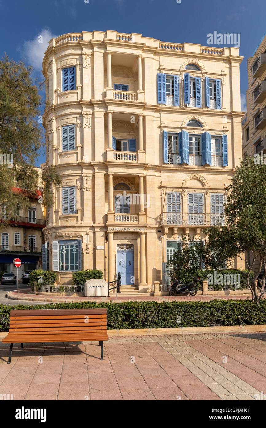 The Lombard Bank . A restored Art Nouveau building in Tower Road, Sliema, Malta, Europe Stock Photo