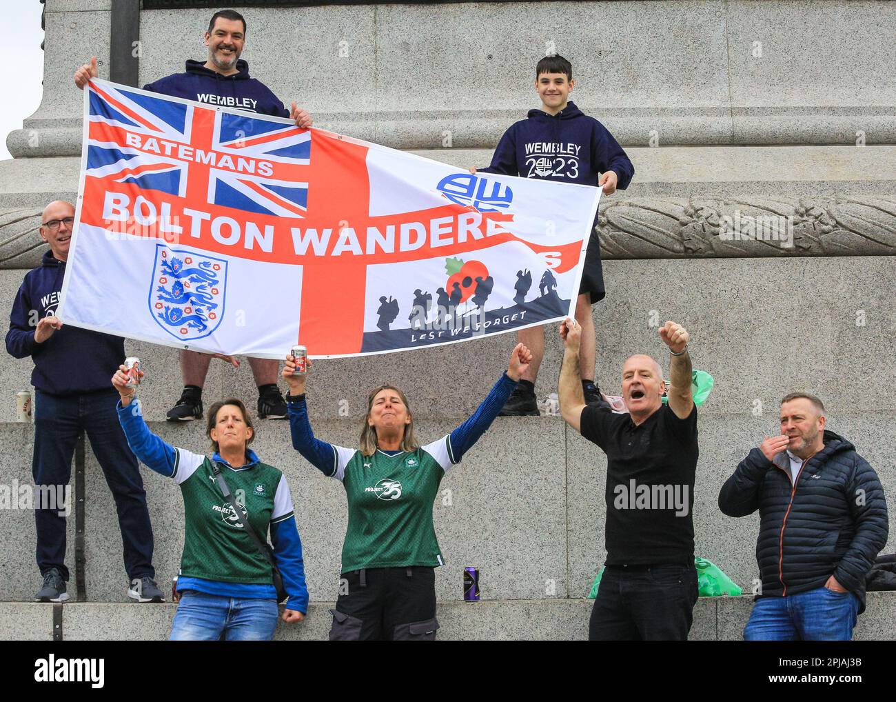 London, UK. 01st Apr, 2023. Bolton Wanderers fans, alongside some from Plymouth have come to Trafalgar Square ahead of the Bolton Wanderers v Plymouth Argyle EFL Trophy final (Carabao Cup) at Wembley tomorrow. The fans were having some friendly banter and celebrations ahead of the game. Credit: Imageplotter/Alamy Live News Stock Photo