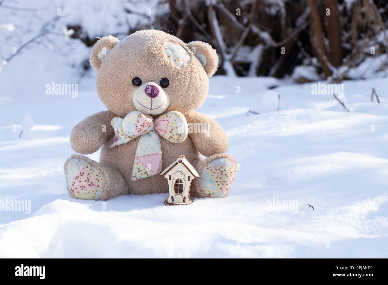 teddy bear and a small wooden house in the snow on the street Stock ...