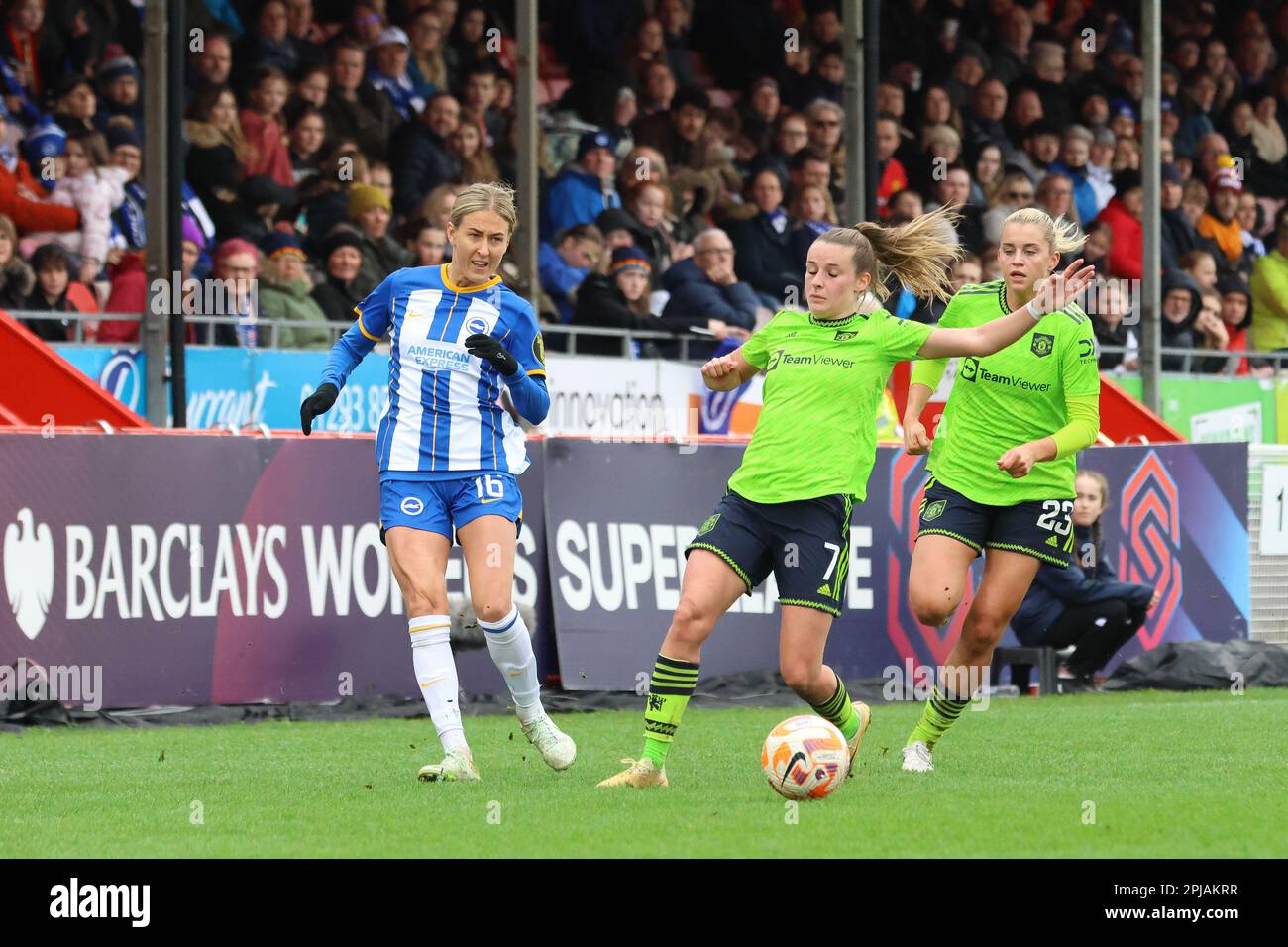 Crawley, UK. 01st Apr, 2023. Broadfield Stadium, Crawley, UK, April 01, 2023 Swedish defender Emma Kullberg (16, Brighton & Hove Albion) taking on two Lionesses Ella Toone (7, Manchester United) and Alessia Russo (23, Manchester United) during a WSL game on 01 April, 2023, between Brighton & Hove Albion and Manchester United at the Broadfield Stadium, Crawley, UK (Bettina Weissensteiner/SPP) Credit: SPP Sport Press Photo. /Alamy Live News Stock Photo