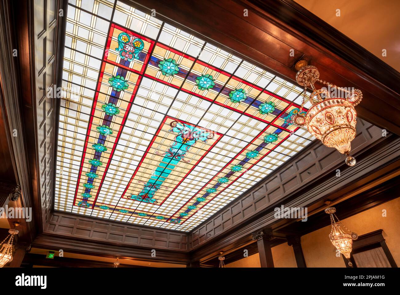 Stained glass ceiling in the historic Geiser Grand Hotel in Baker City