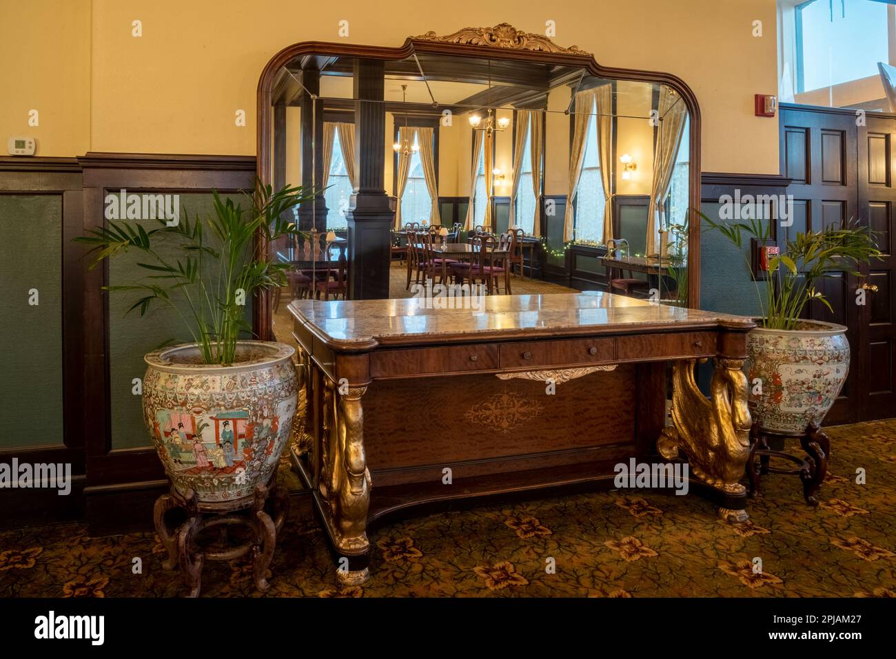 Ornate antique furnishing in the Swan Room in the historic Geiser Grand