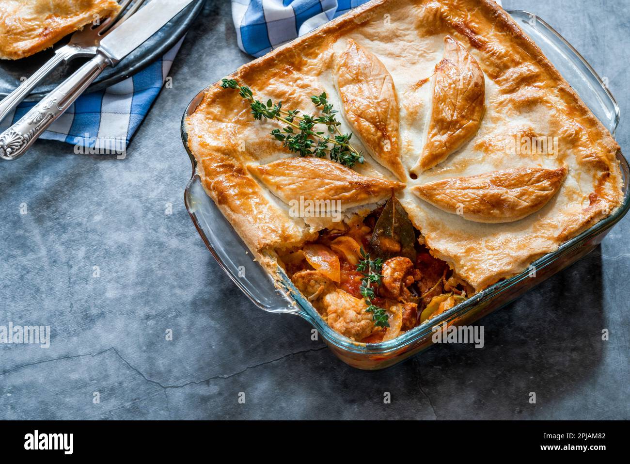 Basque chicken and chorizo pie Stock Photo - Alamy