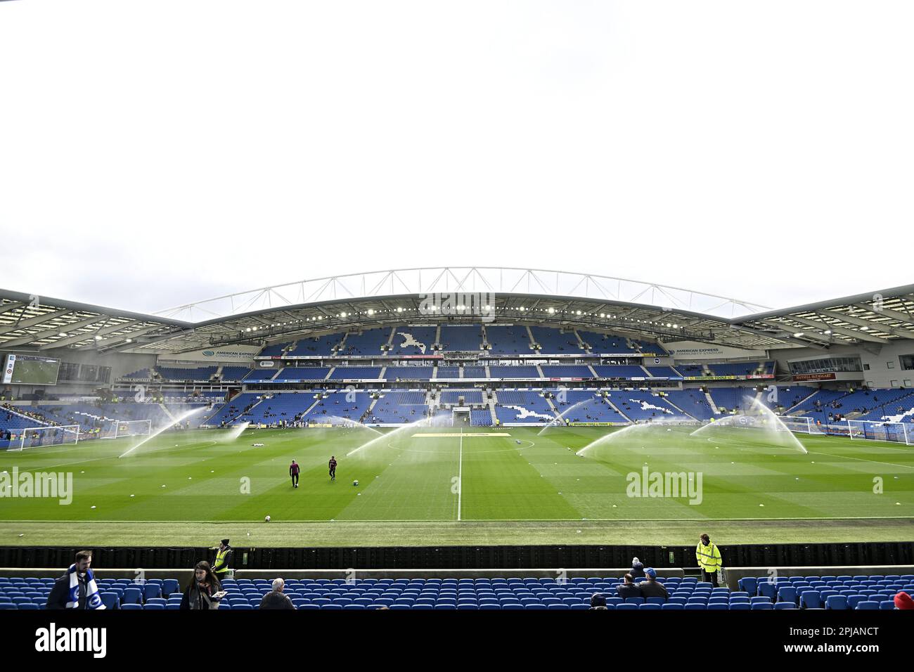 Brighton East Sussex, UK. 1st Apr, 2023. A general view (GV) of the stadium as the pitch is wateredbefore the Brighton V Brentford Premier League match at the Amex Stadium, Brighton. Credit: MARTIN DALTON/Alamy Live News Stock Photo