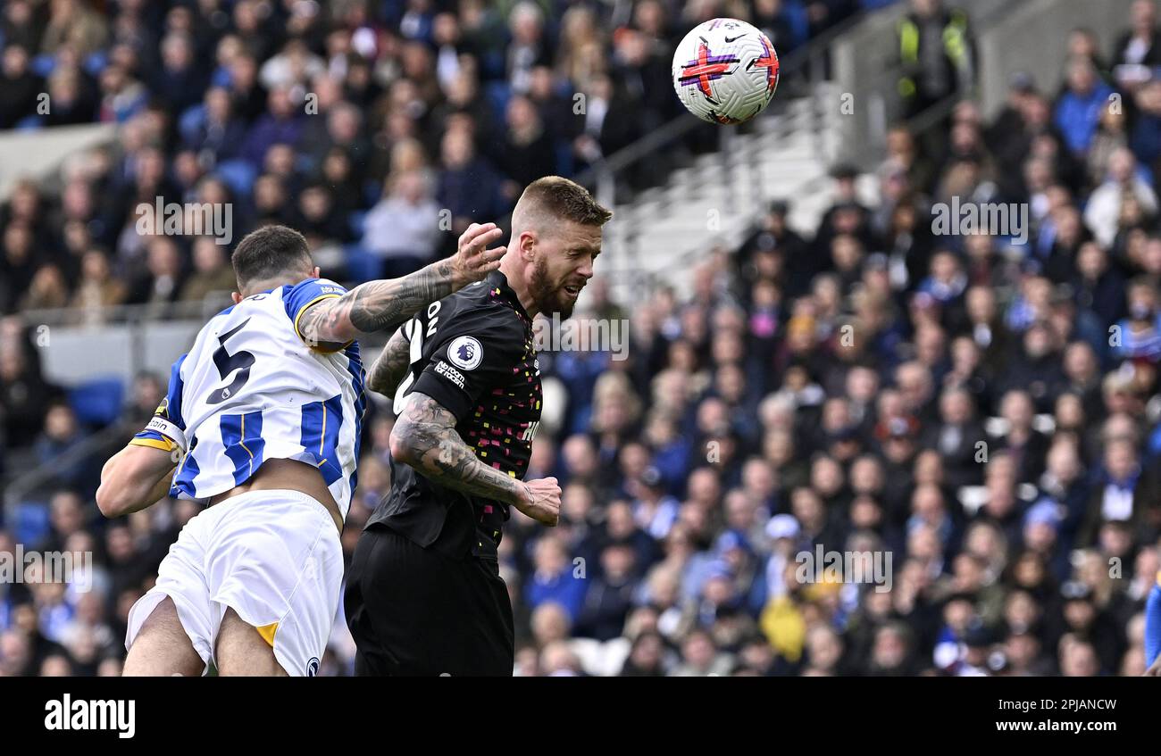 Brighton East Sussex, UK. 1st Apr, 2023. GOAL. Pontus Jansson (Brentford) gets in front of Lewis Dunk (Brighton) to score the first Brentford goal during the Brighton V Brentford Premier League match at the Amex Stadium, Brighton. Credit: MARTIN DALTON/Alamy Live News Stock Photo