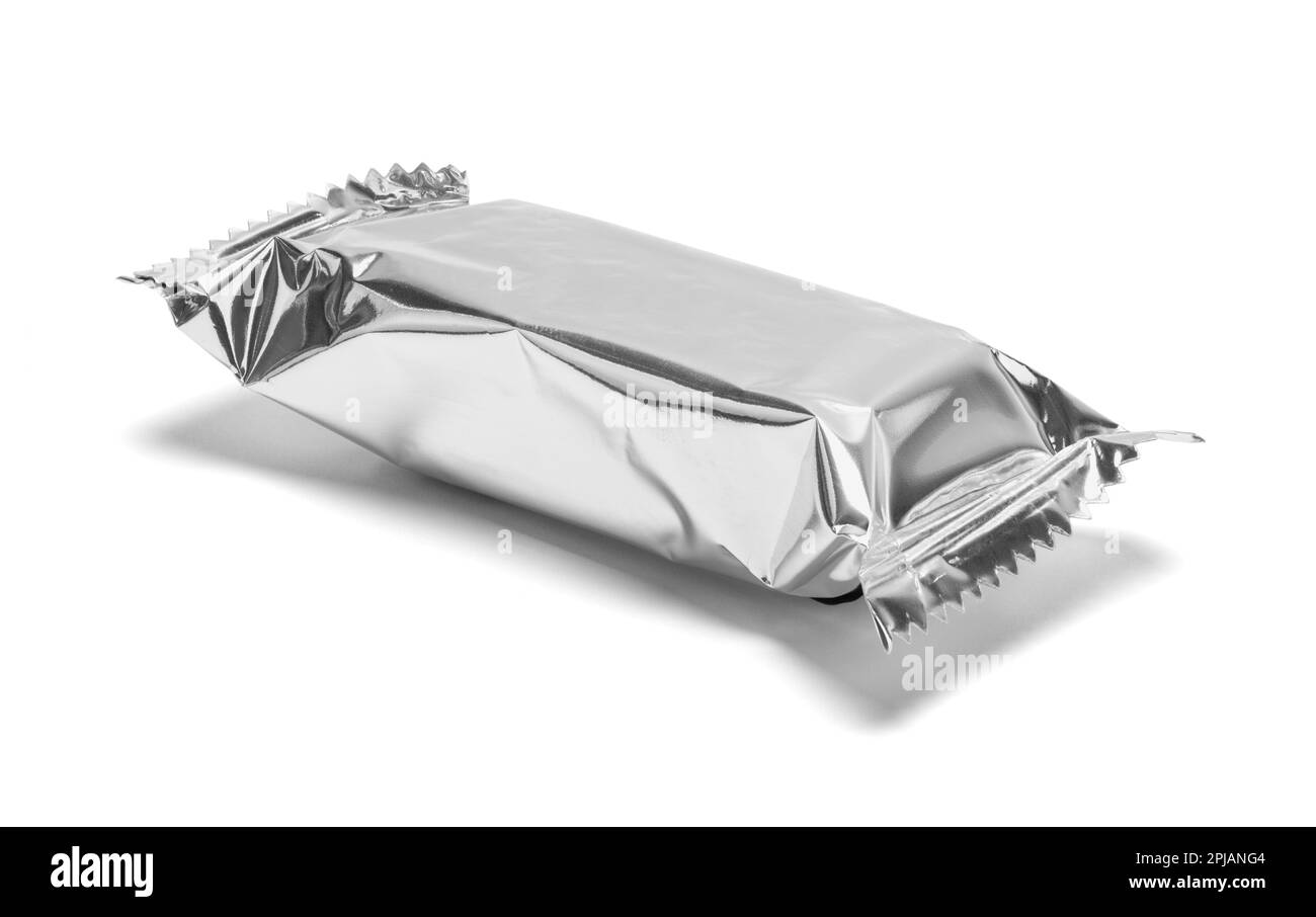 Small Foil Food Packet Bag Cut Out on White. Stock Photo