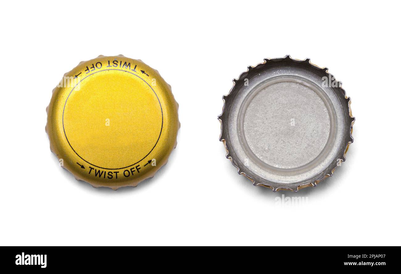 Front and Back Bottle Caps Cut Out on White. Stock Photo