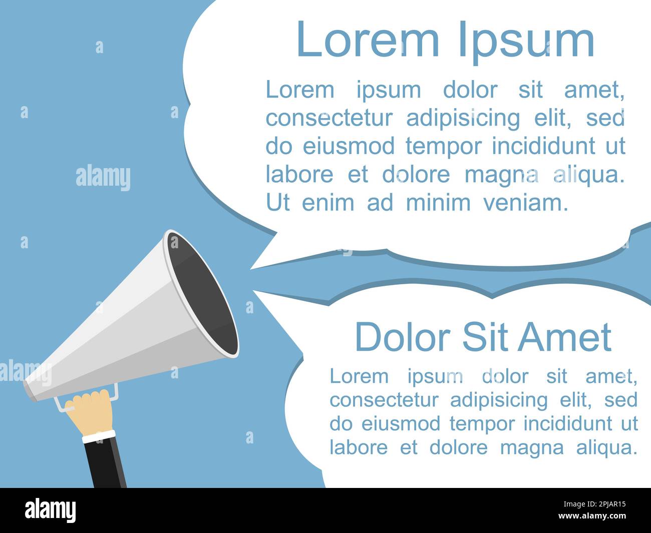 Hand holding megaphone and two speech bubbles for your text, flat ...