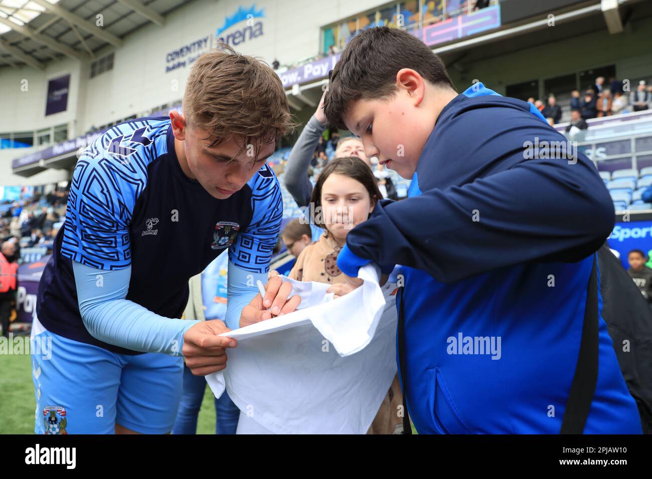 Coventry City's Callum Doyle signing a shirt after the Sky Bet Championship match at the Coventry Building Society Arena, Coventry. Picture date: Saturday April 1, 2023. Stock Photo