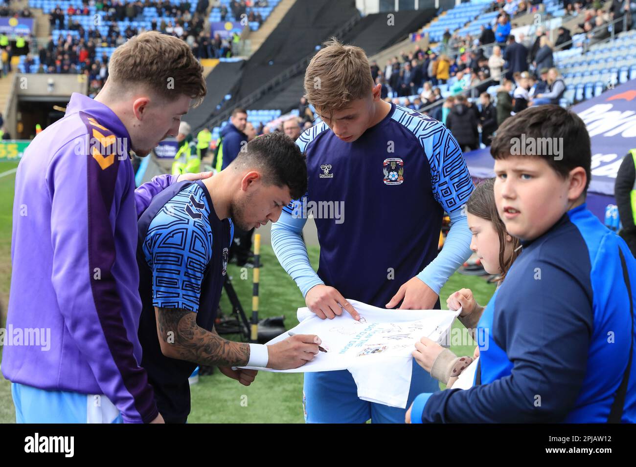 Coventry City's Gustavo Hamer signing autograph after the Sky Bet Championship match at the Coventry Building Society Arena, Coventry. Picture date: Saturday April 1, 2023. Stock Photo