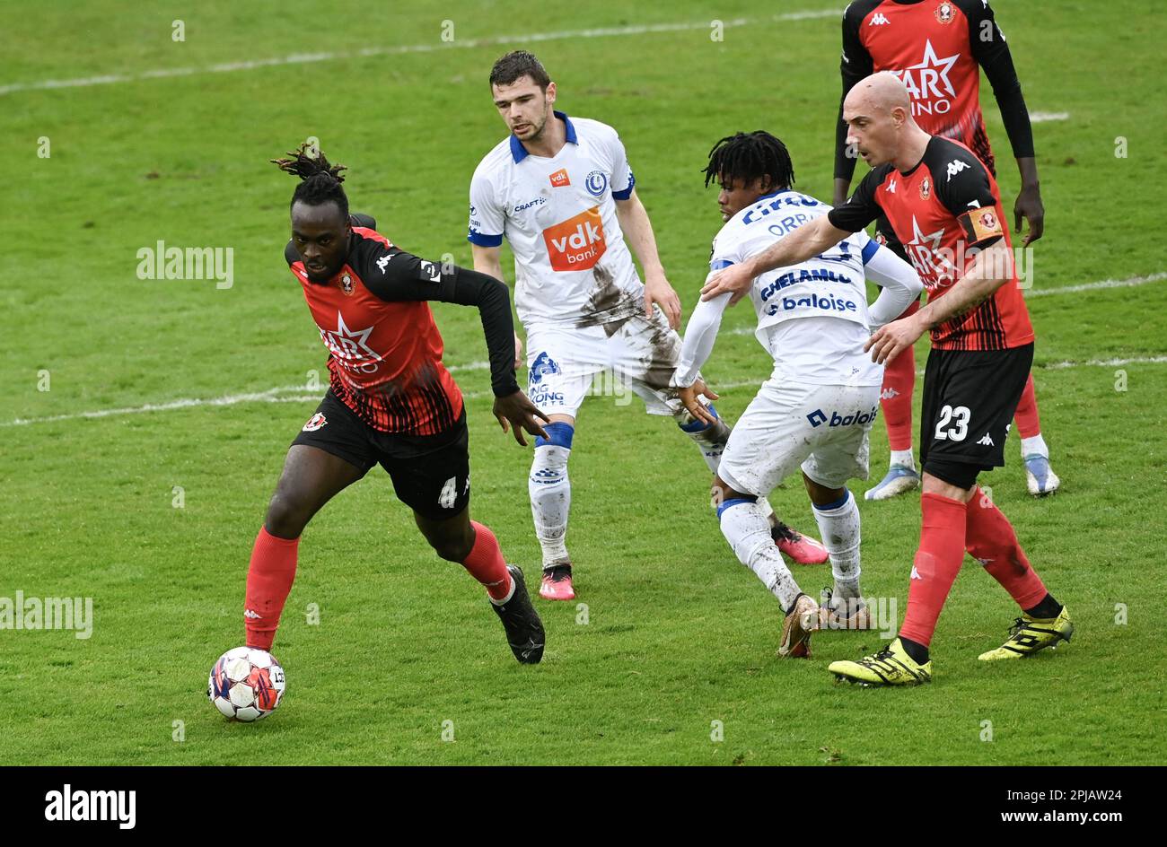 Seraing, Belgium. 01st Apr, 2023. Seraing's Marvin Silver Tshibuabua controls the ball during a soccer match between RFC Seraing and KAA Gent, Saturday 01 April 2023 in Seraing, on day 31 of the 2022-2023 'Jupiler Pro League' first division of the Belgian championship. BELGA PHOTO JOHN THYS Credit: Belga News Agency/Alamy Live News Stock Photo