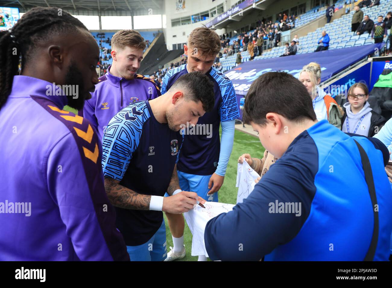 Coventry City's Gustavo Hamer signing autograph after the Sky Bet Championship match at the Coventry Building Society Arena, Coventry. Picture date: Saturday April 1, 2023. Stock Photo