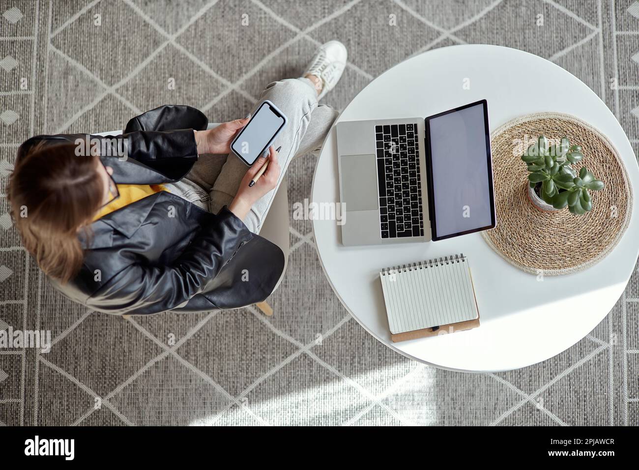 Mockup white screen laptop and mobile phone woman using computer ...
