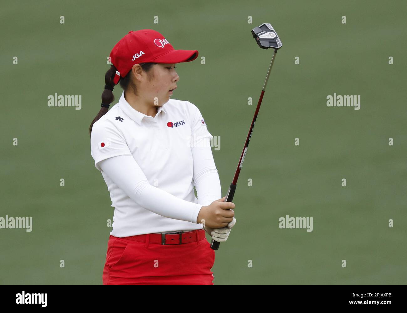 Augusta, United States. 01st Apr, 2023. Yuna Araki of Japan reacts after missing a putt in the final round of the Augusta National Women's Amateur at Augusta National Golf Club on April 01, 2023 in Augusta, Georgia. Photo by John Angelillo/UPI Credit: UPI/Alamy Live News Stock Photo