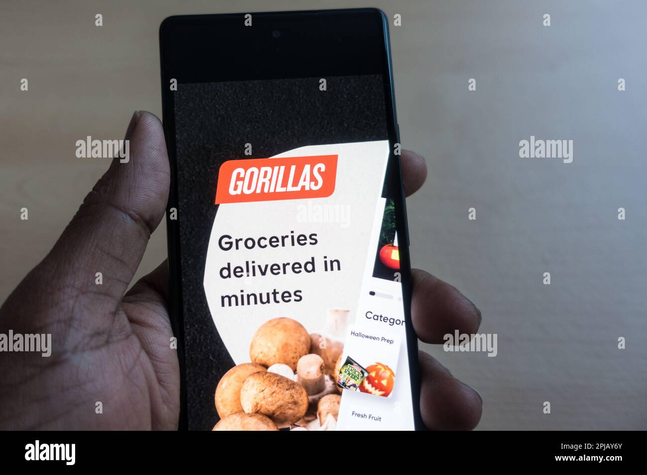 Gorillas app for food delivery Stock Photo