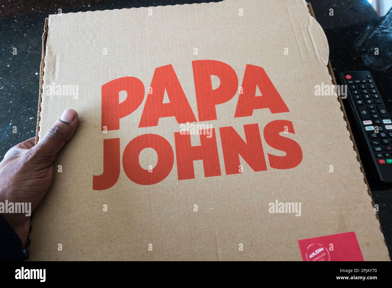 Papa Johns Pizza In Box On White Background Stock Photo - Download