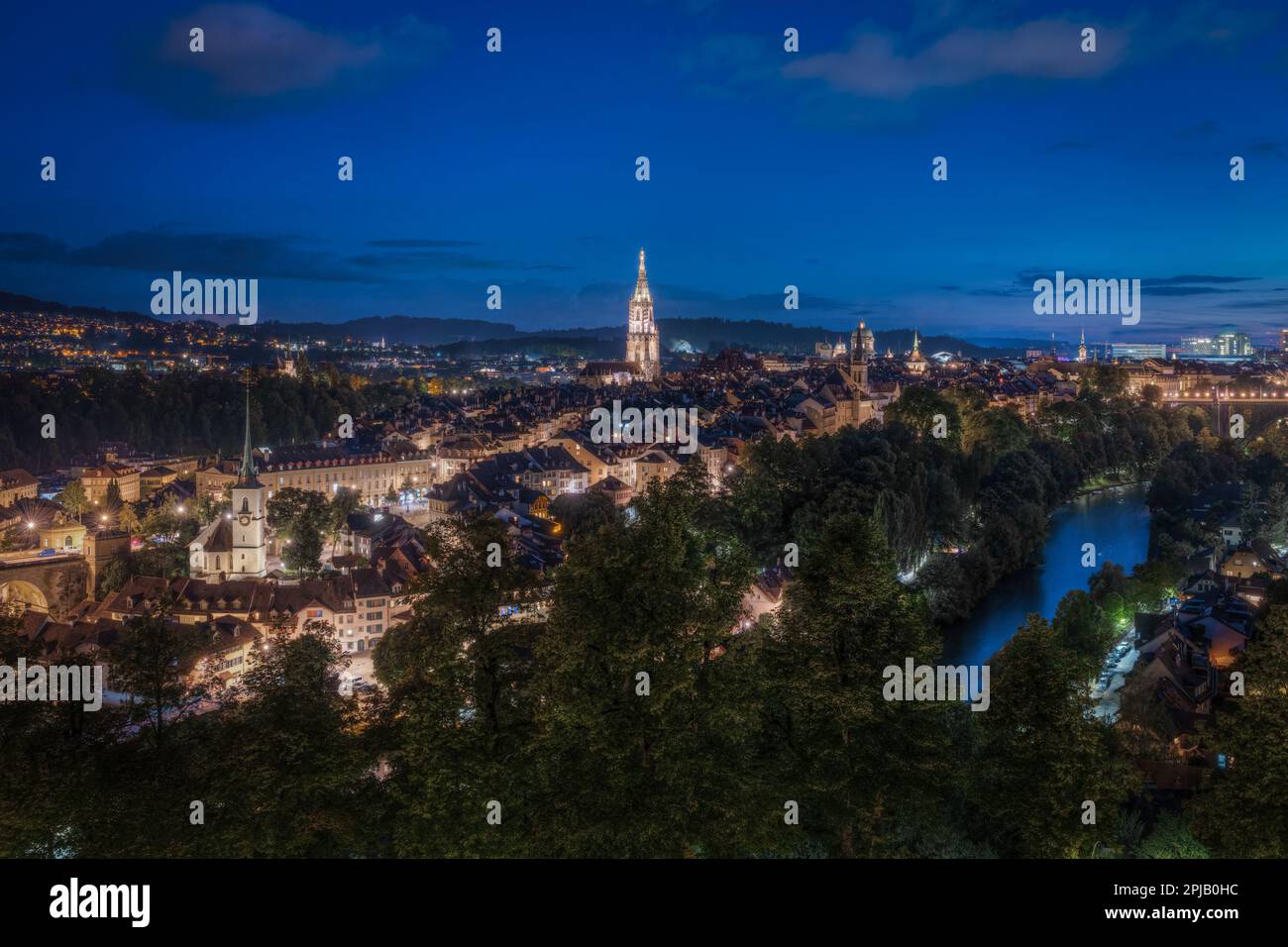 Scenic night panorama of Bern Old Town seen from Rose Garden viewpoint, Switzerland Stock Photo