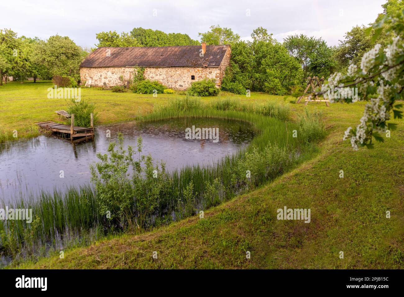 A house in the woods with a pond in the foreground Stock Photo