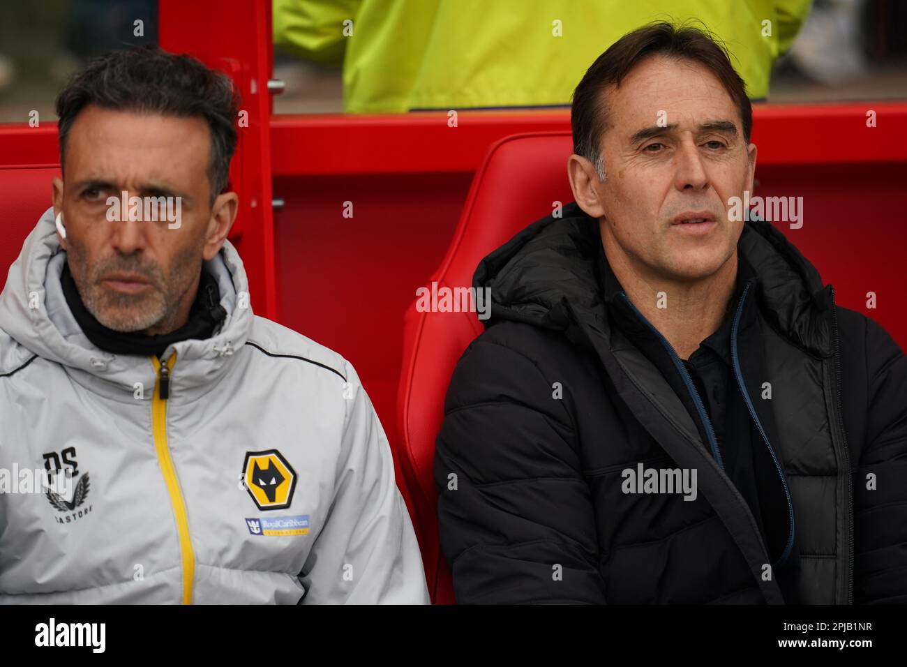 Wolverhampton Wanderers manager Julen Lopetegui (right) and assistant manager Pablo Sanz in the dug out during the Premier League match at the City Ground, Nottingham. Picture date: Saturday April 1, 2023. Stock Photo