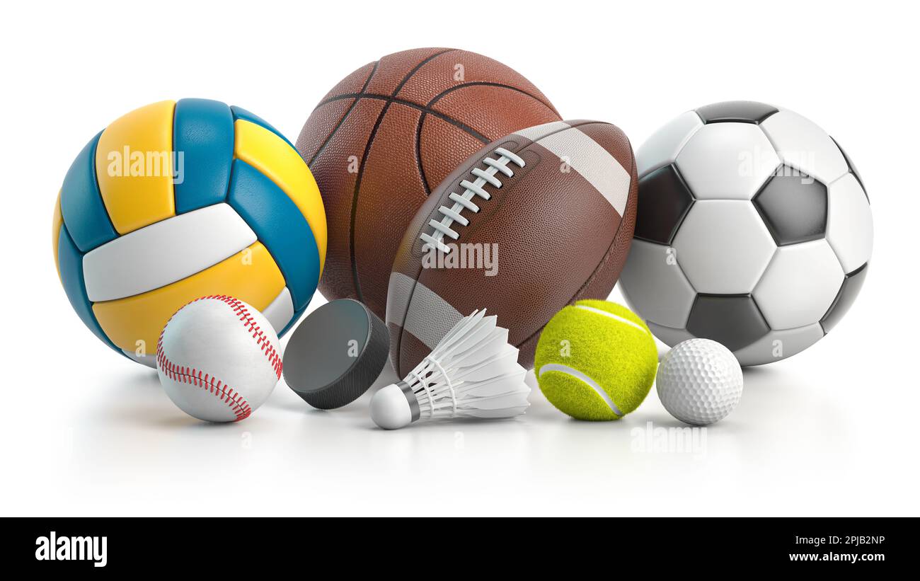 Different sport balls and equipment. Soccer, ffotball, basketball