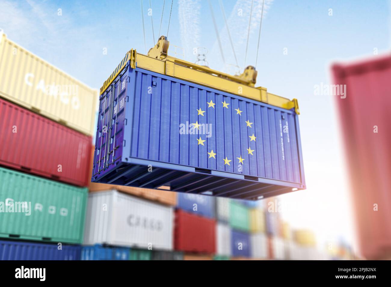 Cargo shipping container with EU European Union flag in a port harbor. Production, delivery, shipping and freight transportation of EU products concep Stock Photo