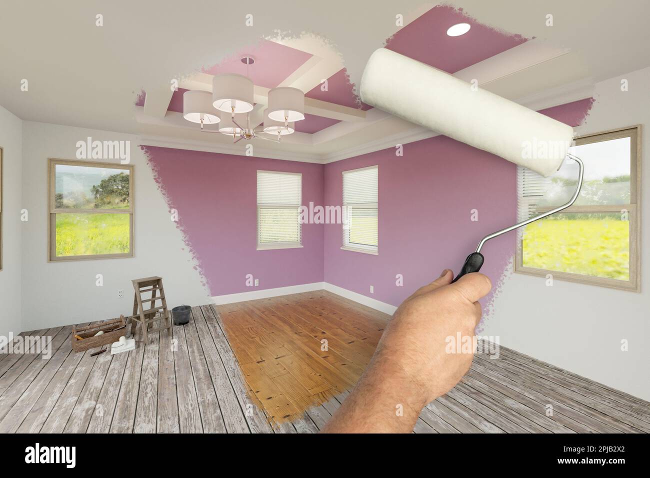 Before and After of Man Using A Paint Roller to Reveal Newly Remodeled Room with Fresh Lilac Paint, Coffered Ceiling and New Floors. Stock Photo