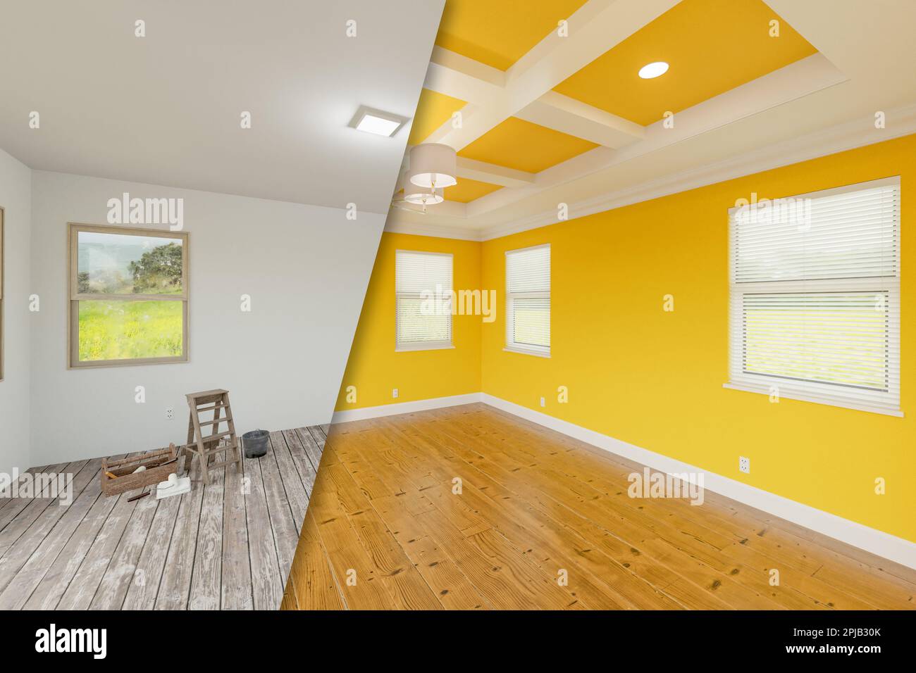 Bold Yelllow Before and After of Master Bedroom Showing The Unfinished and Renovation State Complete with Coffered Ceilings and Molding. Stock Photo