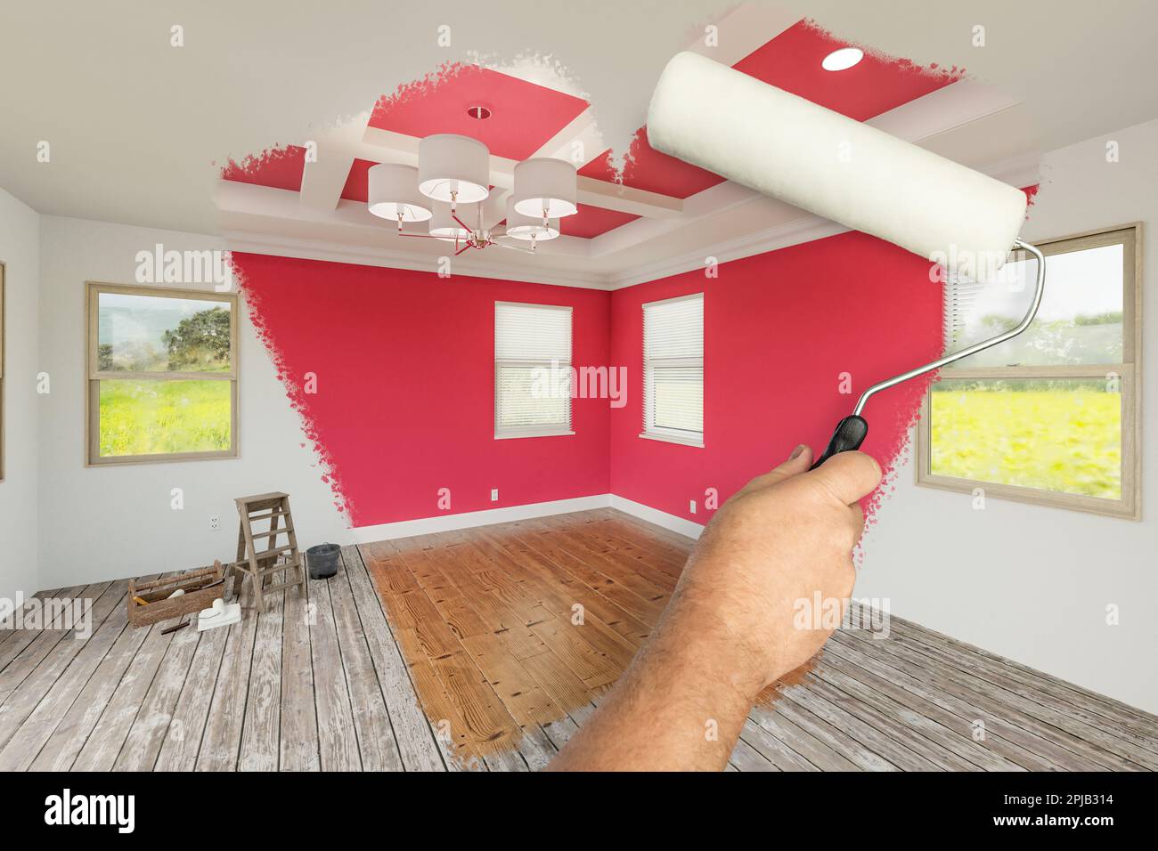 Before and After of Man Using A Paint Roller to Reveal Newly Remodeled Room with Fresh Viva Magenta Paint, Coffered Ceiling and New Floors. Stock Photo