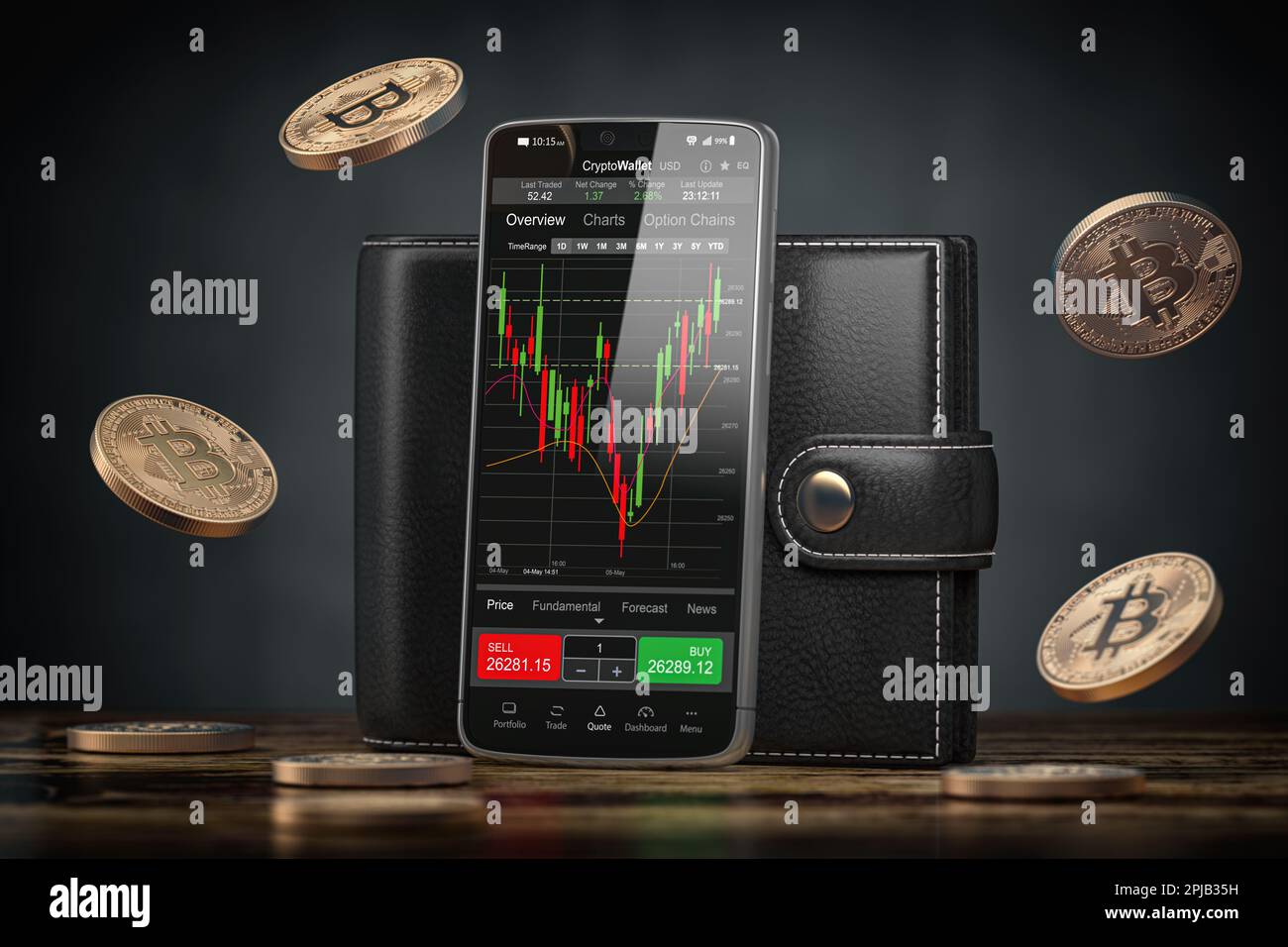 Crypto wallet concept. Smartphone, wallet and bitcoin coins, 3d illustration  Stock Photo - Alamy