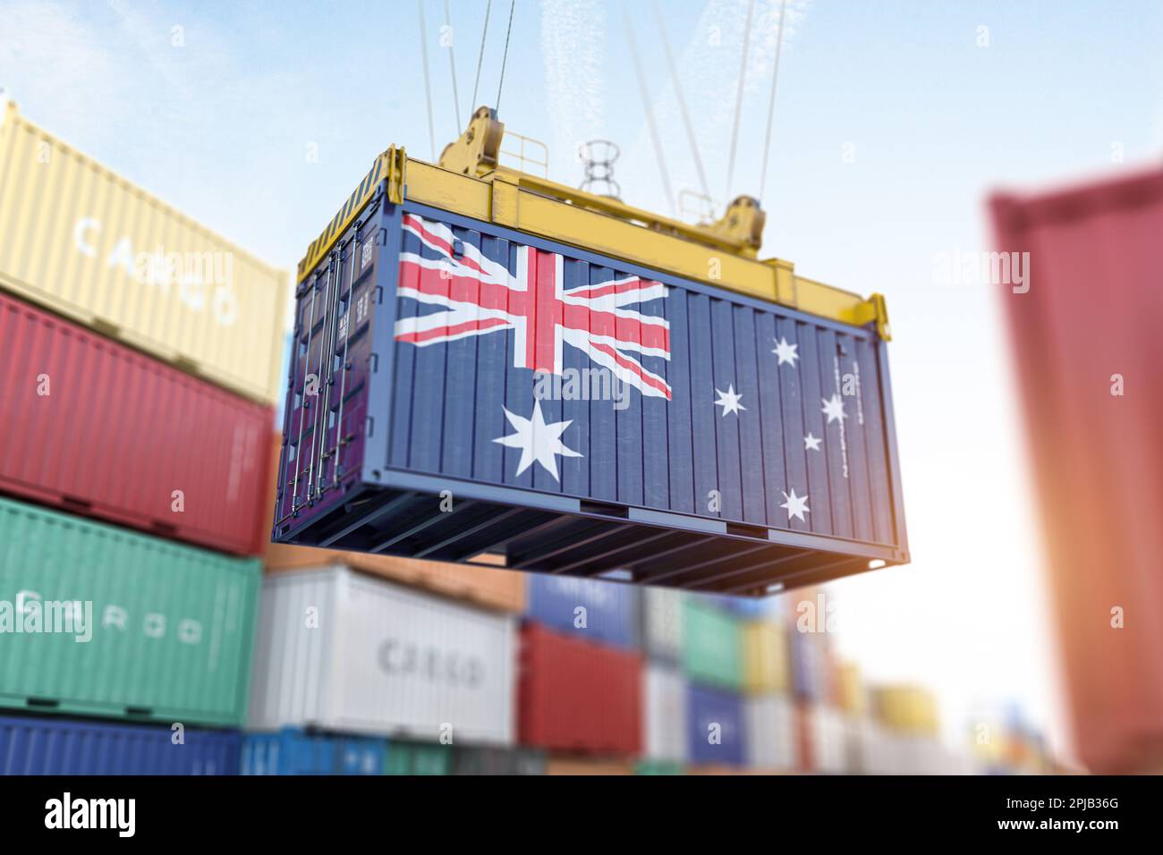 Cargo shipping container with Australian flag in a port harbor. Production, delivery, shipping and freight transportation of Australia concept. 3d ill Stock Photo