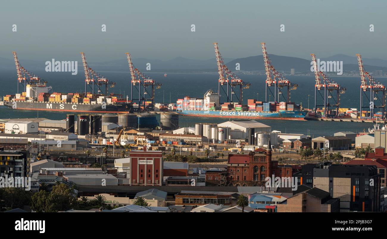 Cape Town, South Africa. 2023.  Container ships within the container terminal on Cape Towns waterfront. Stock Photo