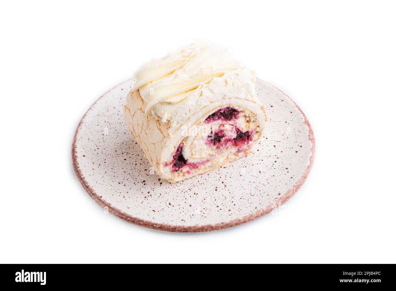 Roll biscuit cake with cream cheese and jam isolated on white