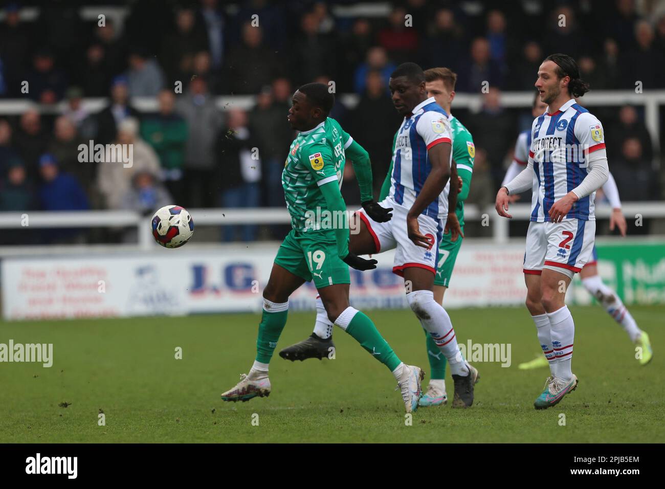 Hartlepool United's Josh Umerah battles for possession with Swindon Town's Rushian Hepburn-Murphy during the Sky Bet League 2 match between Hartlepool United and Swindon Town at Victoria Park, Hartlepool on Saturday 1st April 2023. (Photo: Mark Fletcher | MI News) Credit: MI News & Sport /Alamy Live News Stock Photo