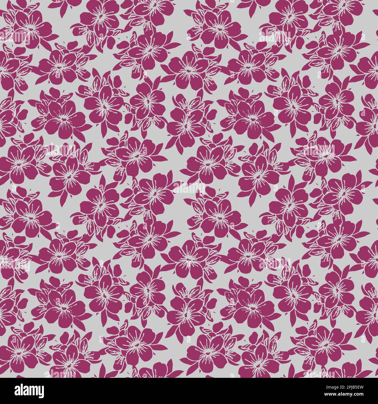 seamless pattern of pink silhouettes of flowers on a gray background, texture, design Stock Photo