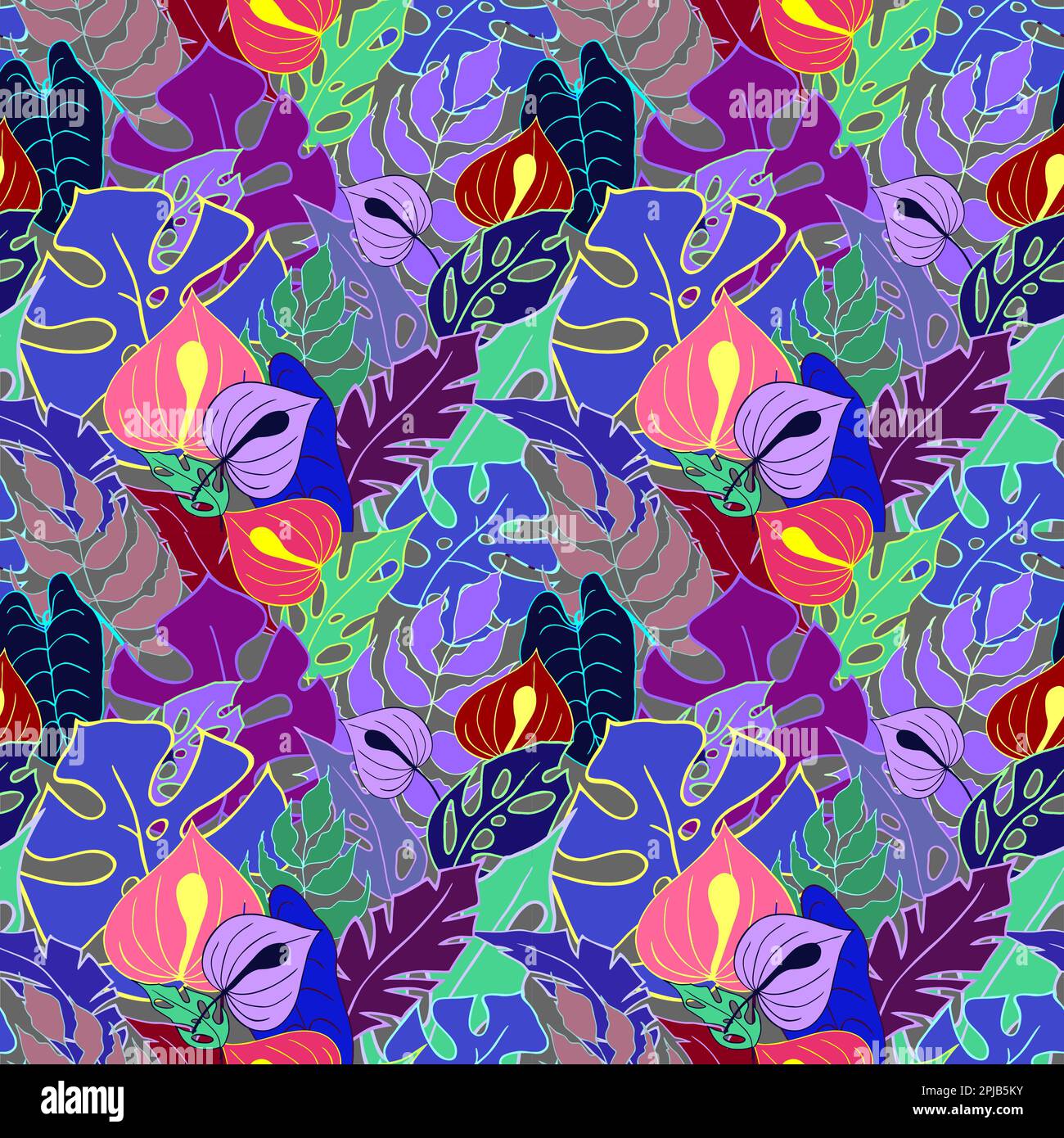 bright seamless pattern of tropical leaves and flowers in blue and ...