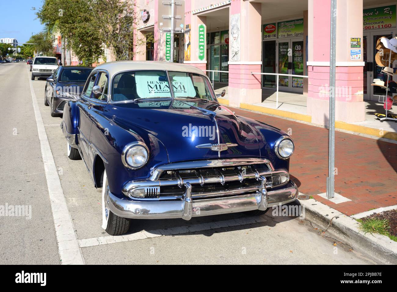 Chevrolet Bel Air 4door sedan (50s), fullsize car, near Hemp Life Miami Pharmacy. Florida