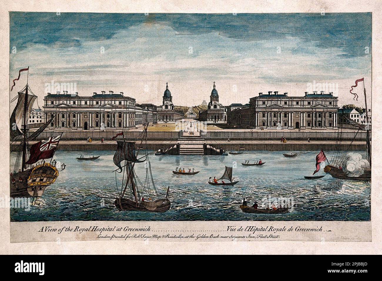 Royal Naval Hospital, Greenwich London,  with ships and rowing boats in the foreground, coloured engraving by T. Bowles 1753 Stock Photo