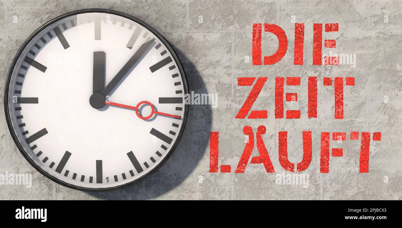 Wall clock on concrete wall with German lettering Die Zeit laeuft